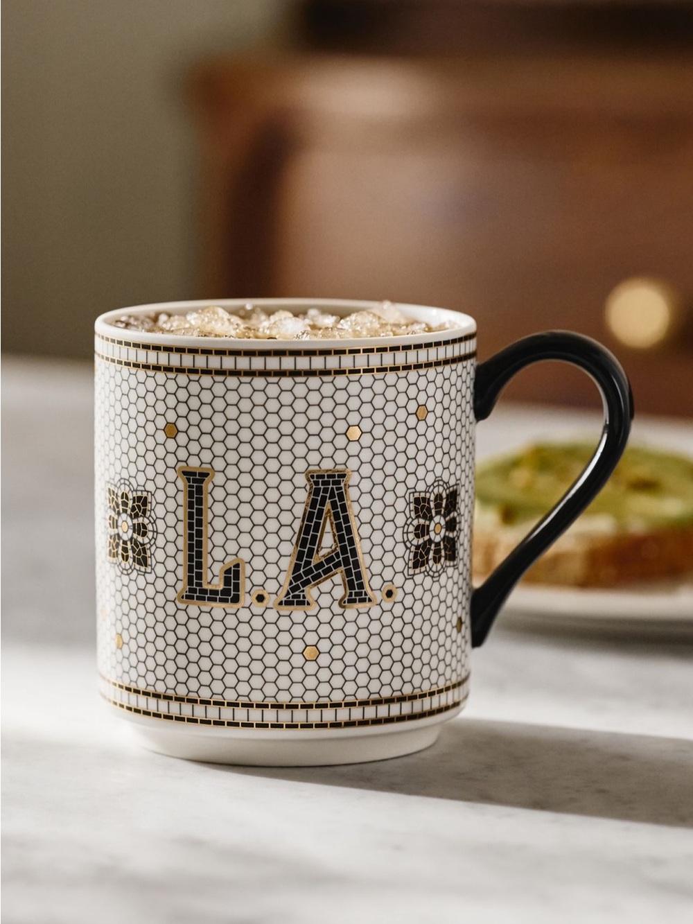 Anthropologie Bistro Tile Stoneware 24k Gold Accent Jetsetter Mug
